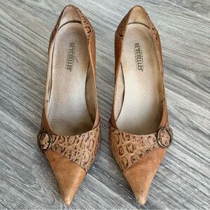 Vintage Y2K Seychelles Bronze Metallic Croc Embossed Leather Pointed Toe Heels S